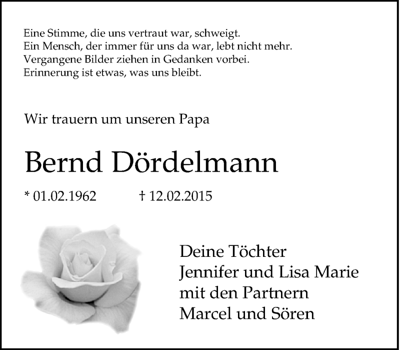  Traueranzeige für Bernd Dördelmann vom 18.02.2015 aus Tageszeitung