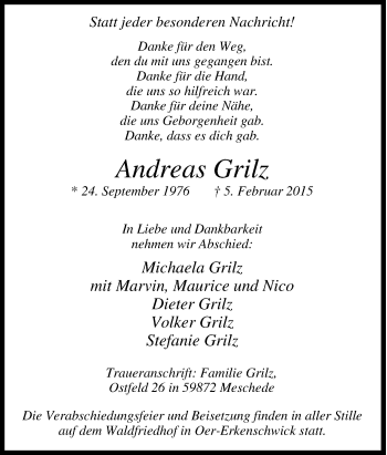 Traueranzeige von Andreas Grilz von Tageszeitung