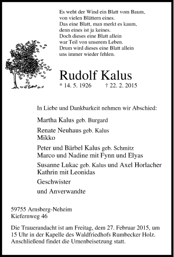 Traueranzeige von Rudolf Kalus von Tageszeitung