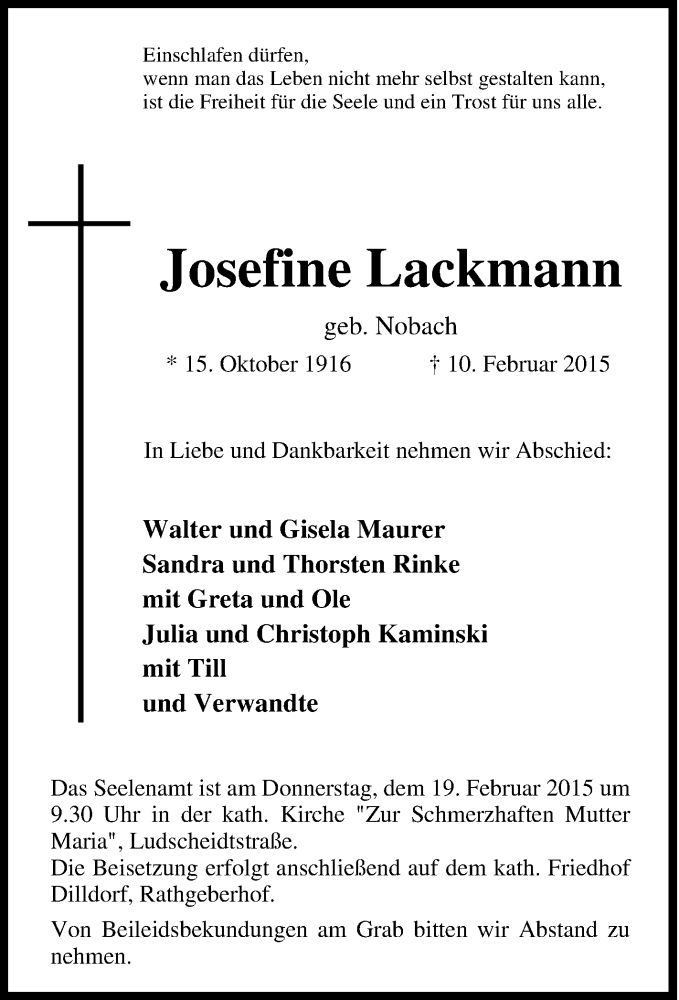  Traueranzeige für Josefine Lackmann vom 14.02.2015 aus Tageszeitung