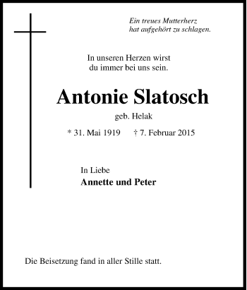Traueranzeige von Antonie Slatosch von Tageszeitung