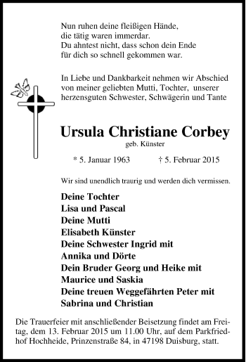Traueranzeige von Ursula Christiane  Corbey  von Tageszeitung