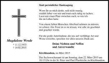 Traueranzeige von Magdalene Wrede von Tageszeitung