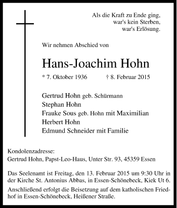 Traueranzeige von Hans-Joachim Hohn von Tageszeitung