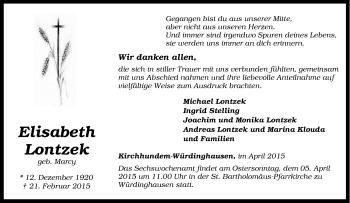 Traueranzeige von Elisabeth Lontzek von Tageszeitung