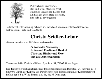 Traueranzeige von Christa Seidler-Lebar von Tageszeitung