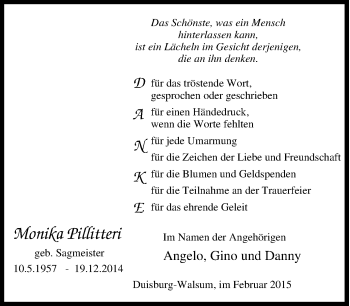 Traueranzeige von Monika Pillitteri von Tageszeitung