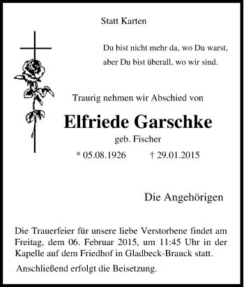 Traueranzeige von Elfriede Garschke von Tageszeitung