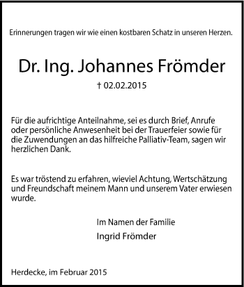 Traueranzeige von Johannes Frömder von Tageszeitung