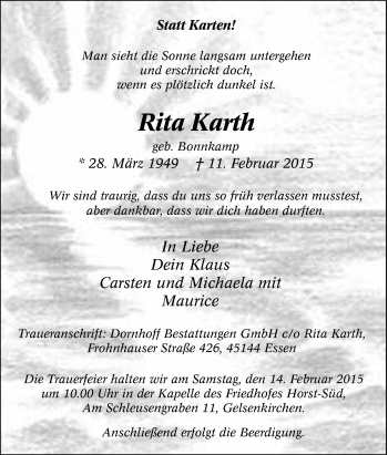 Traueranzeige von Rita Karth von Tageszeitung