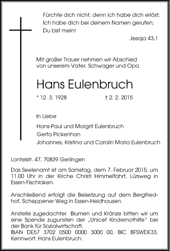Traueranzeige von Hans Eulenbruch von Tageszeitung