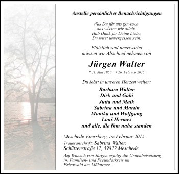 Traueranzeige von Jürgen Walter von Tageszeitung