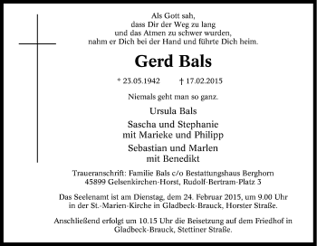 Traueranzeige von Gerd Bals von Tageszeitung