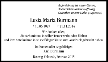 Traueranzeige von Luzia Maria Burmann von Tageszeitung