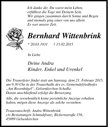 Traueranzeige von Bernhard Wittenbrink von Tageszeitung