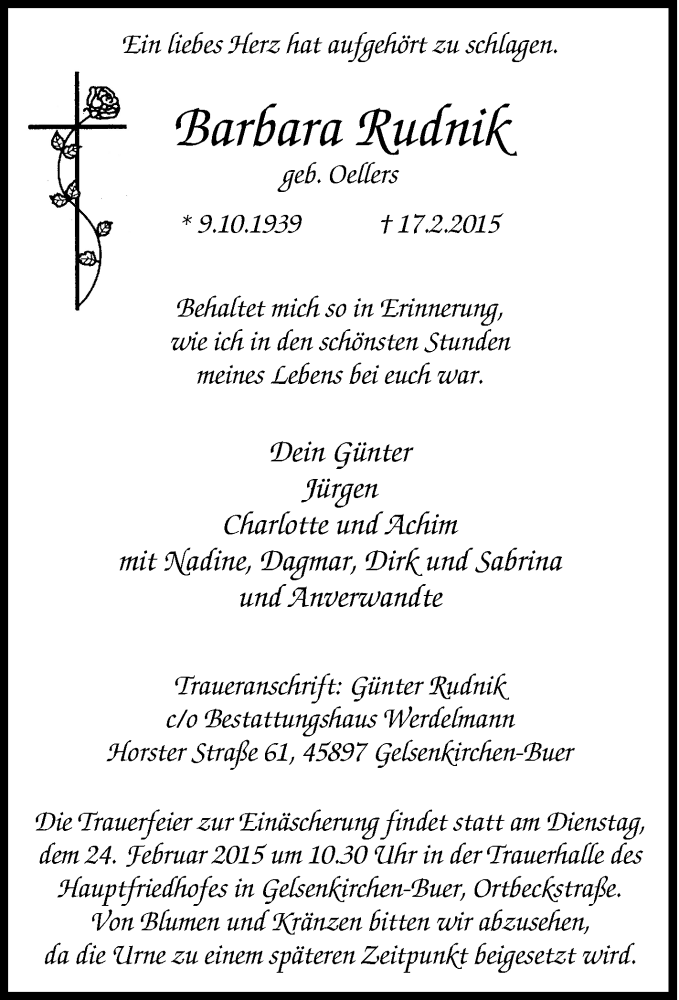  Traueranzeige für Barbara Rudnik vom 20.02.2015 aus Tageszeitung