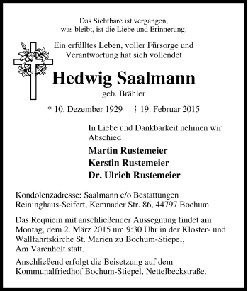 Traueranzeige von Hedwig Saalmann von Tageszeitung