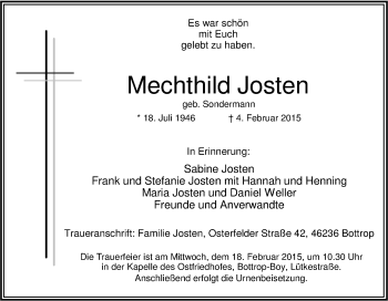 Traueranzeige von Mechthild Josten von Tageszeitung