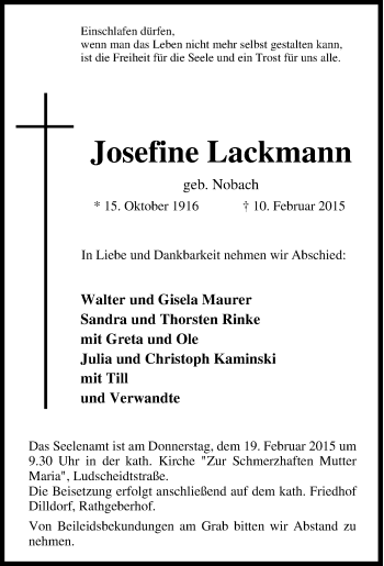 Traueranzeige von Josefine Lackmann von Tageszeitung