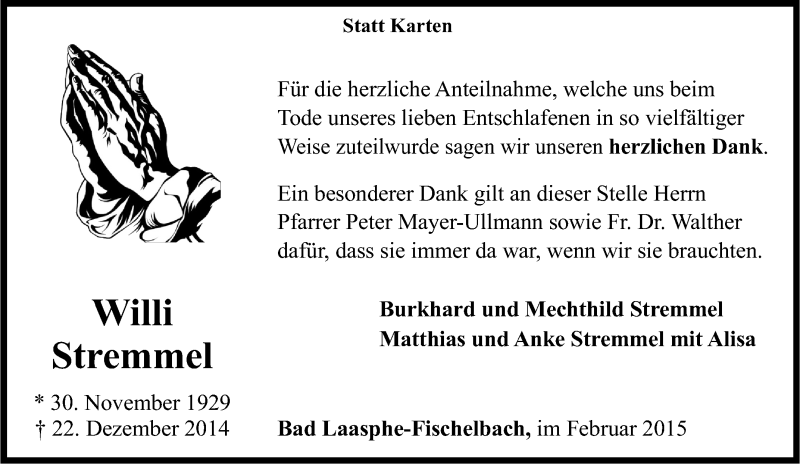  Traueranzeige für Willi Stremmel vom 14.02.2015 aus Tageszeitung