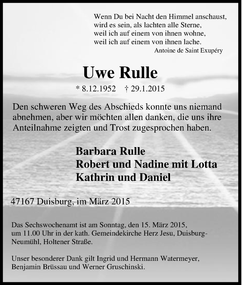 Traueranzeige für Uwe Rulle vom 04.02.2015 aus Tageszeitung