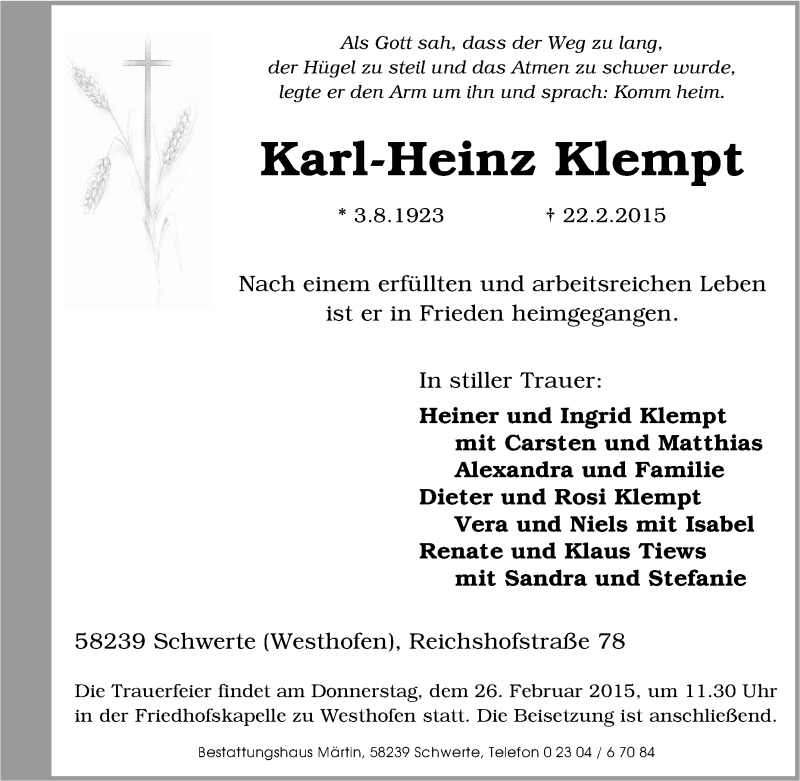  Traueranzeige für Karl-Heinz Klempt vom 24.02.2015 aus Tageszeitung