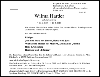 Traueranzeige von Wilma Harder von Tageszeitung