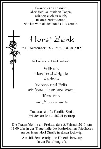 Traueranzeige von Horst Zenk von Tageszeitung