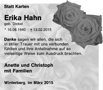 Traueranzeige von Erika Hahn von Tageszeitung