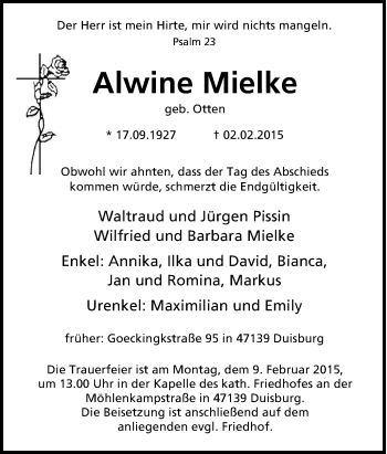Traueranzeige von Alwine Mielke von Tageszeitung