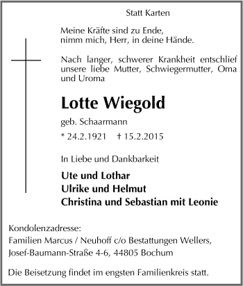 Traueranzeige von Lotte Wiegold von Tageszeitung