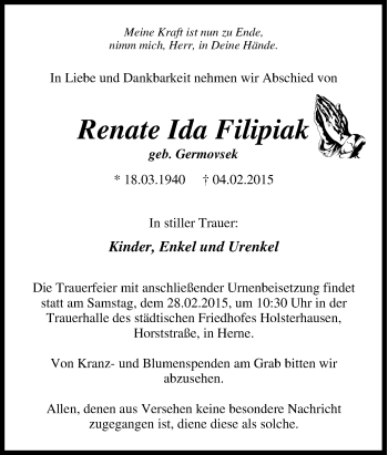 Traueranzeige von Renate Ida Filipiak von Tageszeitung