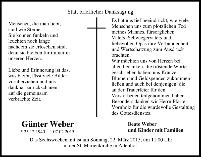  Traueranzeige für Günter Weber vom 09.02.2015 aus Tageszeitung