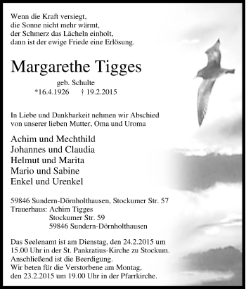 Traueranzeige von Margarethe Tigges von Tageszeitung