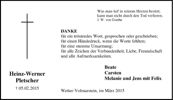 Traueranzeige von Heinz-Werner Pletscher von Tageszeitung