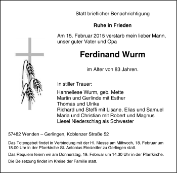 Traueranzeige von Ferdinand Wurm von Tageszeitung