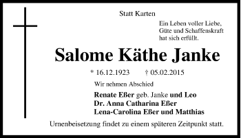 Traueranzeige von Salome Käthe Janke von Tageszeitung