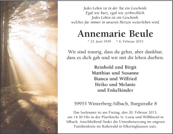 Traueranzeige von Annemarie Beule von Tageszeitung