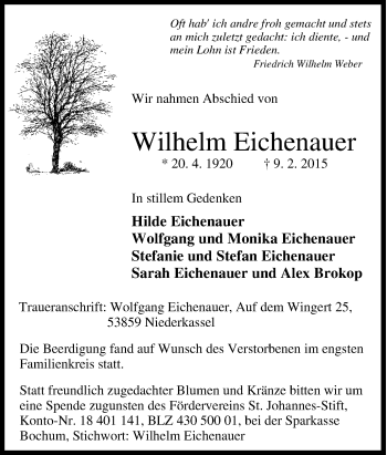 Traueranzeige von Wilhelm Eichenauer von Tageszeitung