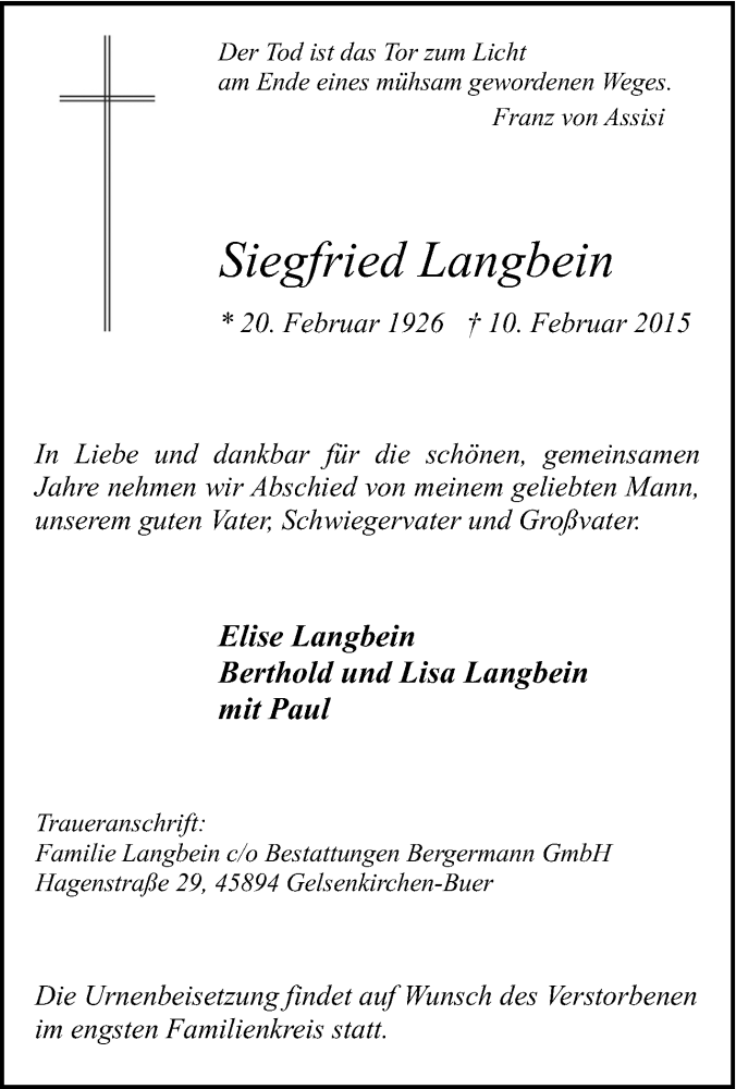 Traueranzeige für Siegfried Langbein vom 18.02.2015 aus Tageszeitung