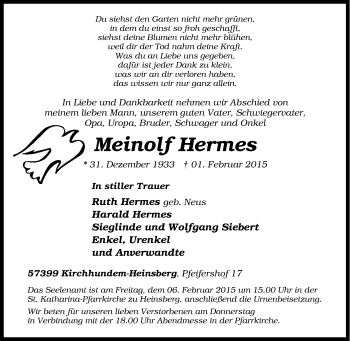 Traueranzeige von Meinolf Hermes von Tageszeitung