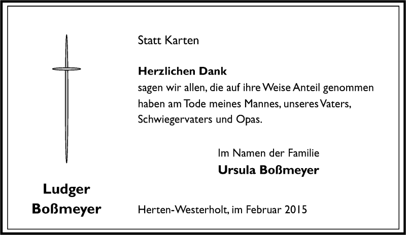 Traueranzeige für Ludger Boßmeyer vom 04.02.2015 aus Tageszeitung