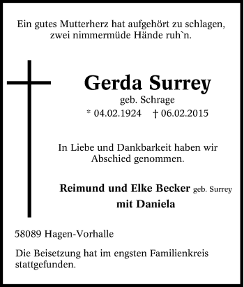 Traueranzeige von Gerda Surrey von Tageszeitung