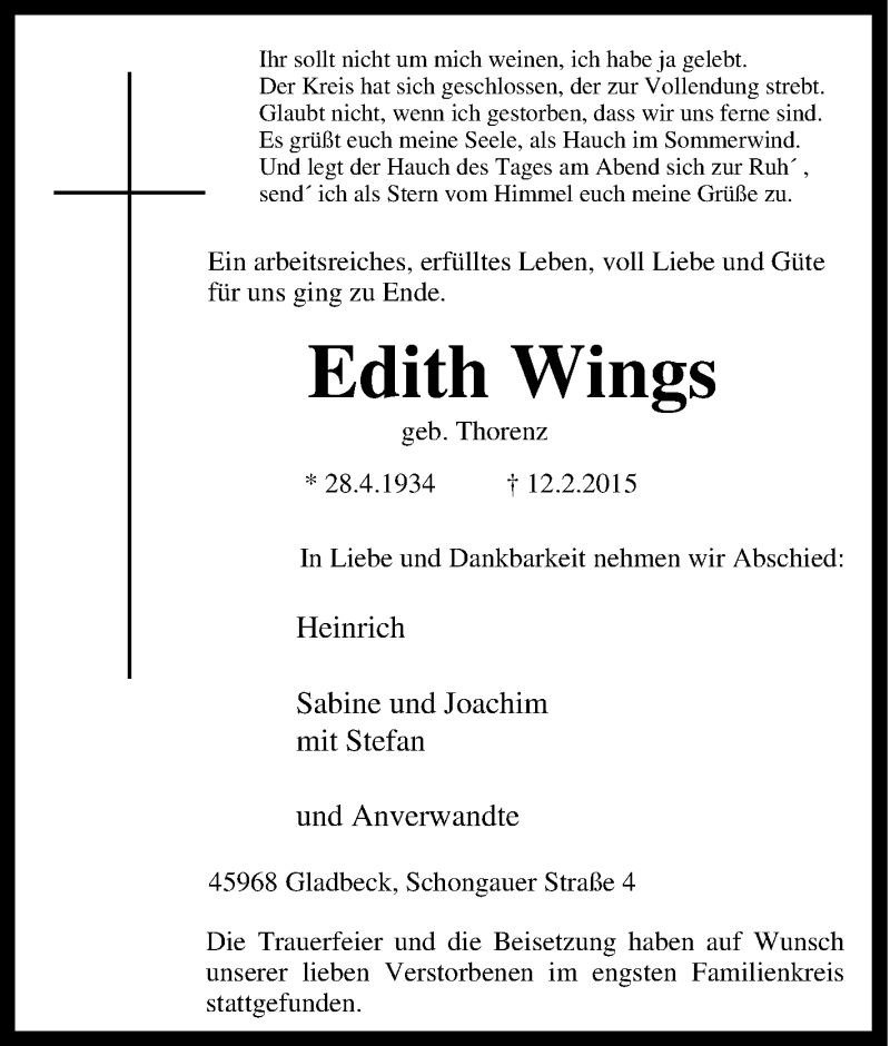  Traueranzeige für Edith Wings vom 19.02.2015 aus Tageszeitung