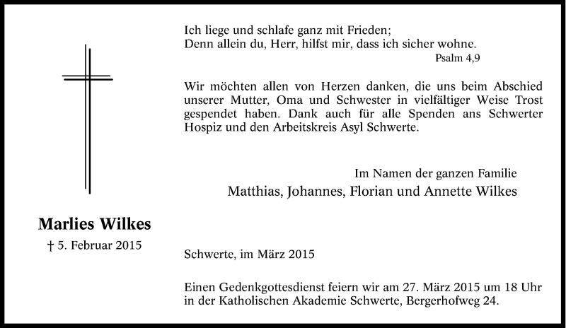  Traueranzeige für Marlies Wilkes vom 07.02.2015 aus Tageszeitung