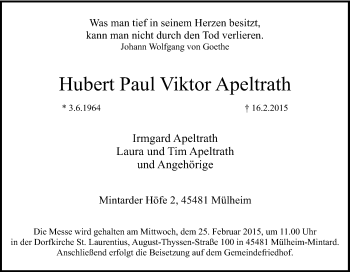 Traueranzeige von Hubert Paul Viktor Apeltrath von Tageszeitung