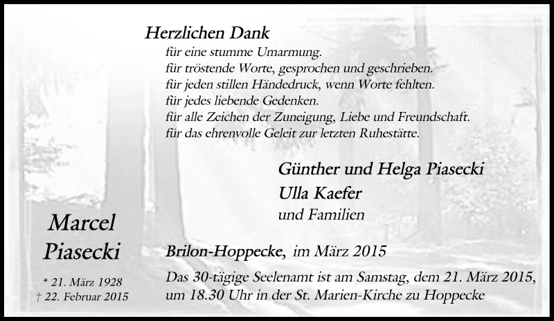  Traueranzeige für Marcel Piasecki vom 24.02.2015 aus Tageszeitung