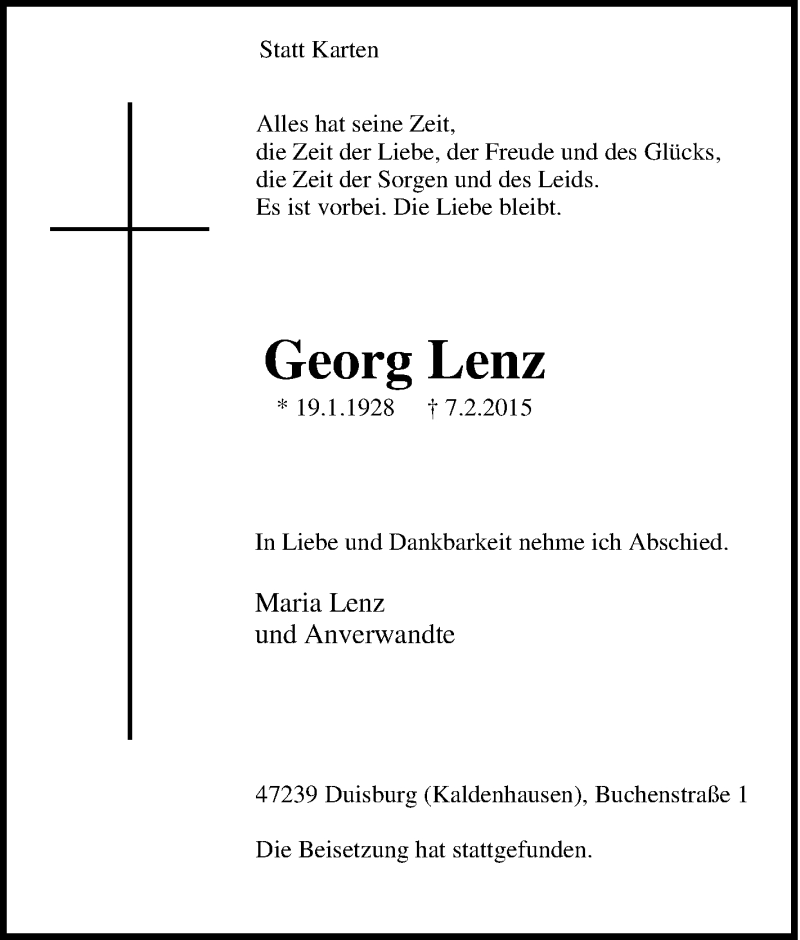  Traueranzeige für Georg Lenz vom 17.02.2015 aus Tageszeitung