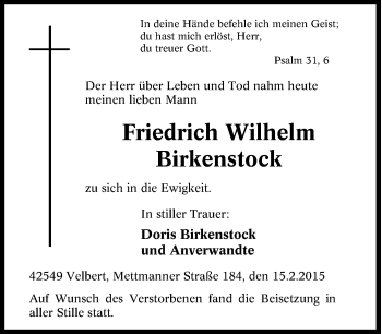 Traueranzeige von Friedrich Wilhelm Birkenstock von Tageszeitung