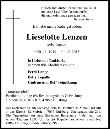 Traueranzeige von Lieselotte Lenzen von Tageszeitung